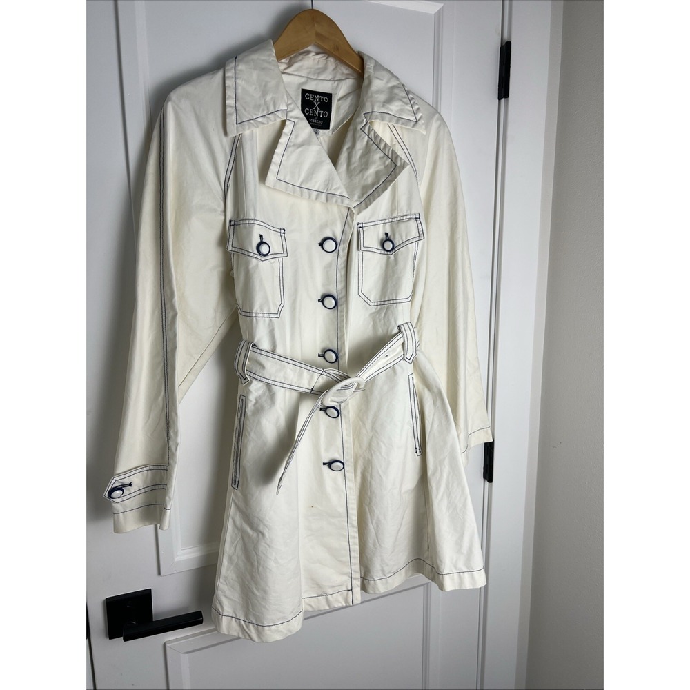 Cento x Cento by Iceberg Trench Rain Coat VINTAGE Italy Cream & Blue Belt Button